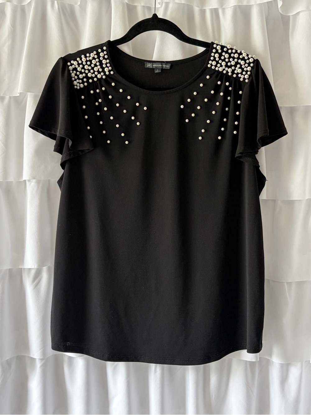 Adrianna Papell Black Pearl-Embellished Flutter Sleeve Top